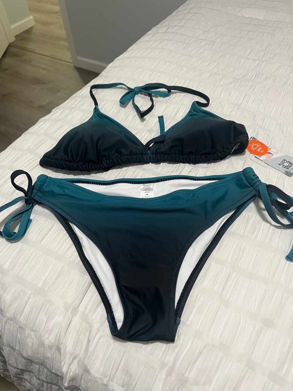 Teal Ombre Tie-Side Bikini Set - Halter Triangle Top